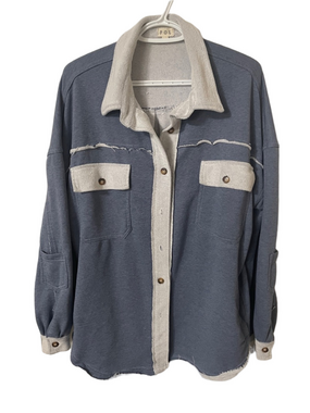 POL Two-Tone Button-Up Oversized Shacket in Blue and Grey Trim Size Medium